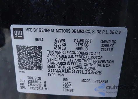 2024 Chevrolet Equinox Awd Lt из США, поврежденный, VIN 3GNAXUEG7RL352528